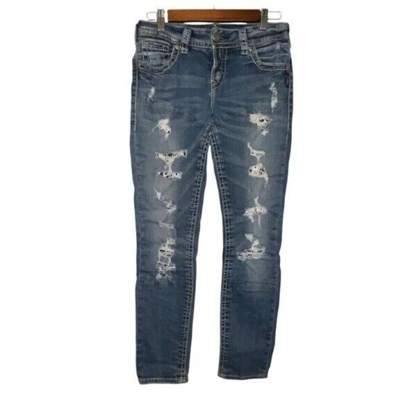 Silver Jeans Suki Mid Rise Works Distressed Denim Blue Jeans Women's Size 29 - Picture 1 of 7